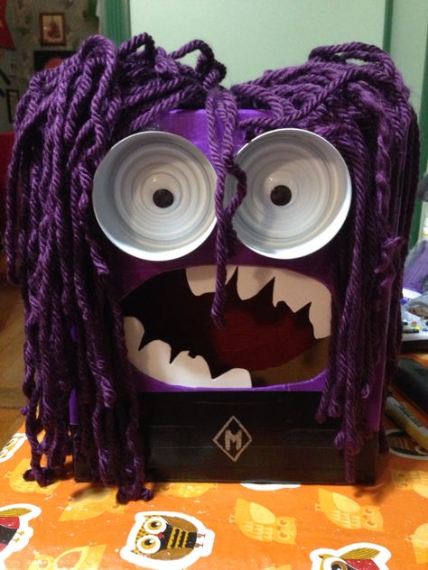 Monster Box Diy, Minion Valentine Box Ideas, Monster Valentines Boxes, Candy Monster Box Ideas, Cardboard Box Monster, Recycled Monster Project, Monster Tissue Box Craft, Purple Minion Valentine Box Ideas, Monster Box For Candy