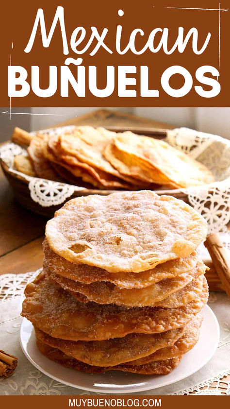 Mexican Buñuelos are a cinnamon and sugar coated flour tortilla that has been fried. A crispy and sweet treat that is bursting with warm cinnamon flavor in each bite. Whip these up for a simple dessert to serve up after dinner. Sweet Mexican Bread, Desserts Made With Tortillas, Cinnamon Tortilla Dessert, Mexican Sweets Recipes, Fried Tortilla Dessert, Bunuelos Recipe Mexican, Bunuelos Mexicanos, Sweet Tortilla Recipes, Tortilla Dessert Recipes