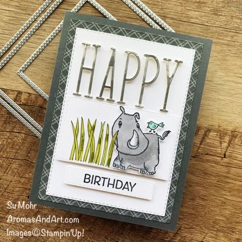 Rhino Ready Birthday Card - Aromas and Art Rhino Ready, Party Blowers, Boy Cards, Birthday Cards For Her, Animal Cards, Layout Inspiration, Ink Pads, Stamping Up, Young Living