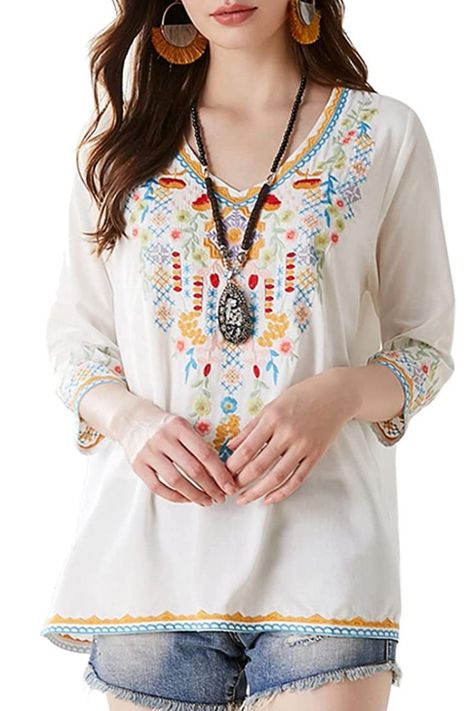 Women's Unique V neck Floral Embroidery Summer Top With 3/4 Sleeve. Embroidered Tunic tops for Office, Vacations, Travel. Women tops for birthday gift. Traditional Mexican Shirts, Crop Tops Crochet, Mexican Bohemian, Embroidery Mexican, Embroidered Tops, Boho Embroidery, Mexican Shirts, Mexican Blouse, Chic Autumn