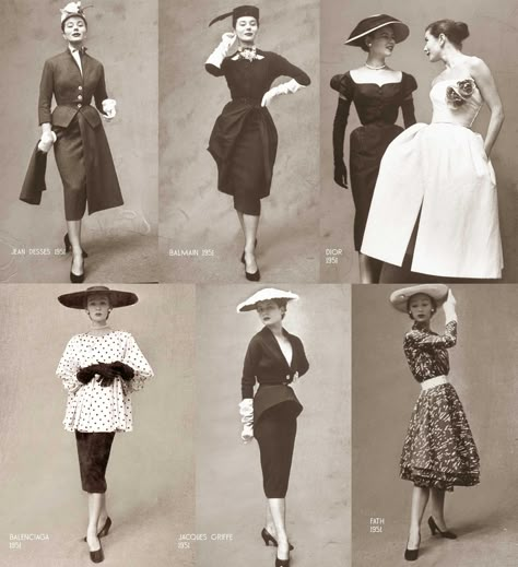 Paris-Spring-Summer season---Designer-dresses-1951 Fashion In 1950s Style, Paris 1950 Fashion, Retro Era Fashion, 50s Fashion Design, 1950s Designer Fashion, 1950s Paris Fashion, 1050s Fashion, 50s Balenciaga, 50s Inspired Outfits