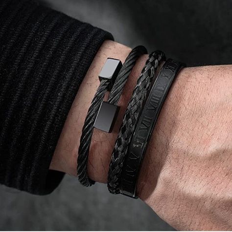 with gold accents. Perfect for any special occasion. #luxury #bracelet #black https://whispers-in-the-wind.com/discover-the-latest-mens-accessory-trends-for-2024/?natural-lava-stone-handmade-2-strands-leather-healing-strength-men-bracelet Men Wearing Bracelets, Black Jewelry Men, Mens Wrist Accessories, Bracelet Stack Men, Men’s Accessories, Men Accessories Aesthetic, Men’s Bracelet, Black Bracelets For Men, Men’s Jewelry