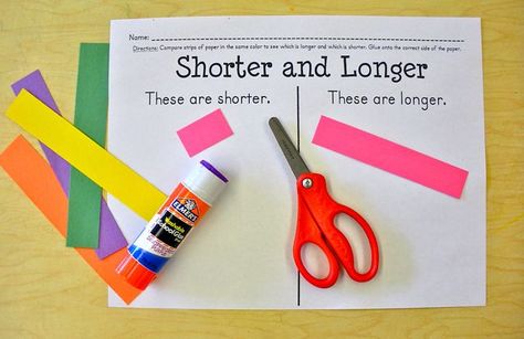 FREE worksheet for comparing length in an interactive way Kindergarten Measurement, Measurement Kindergarten, Pre K Math, Math Measurement, Prek Math, Kindergarten Teaching, Kindergarten Ideas, Math Numbers, Math Stations