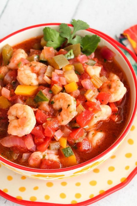 Chunky Shrimp Gazpacho Shrimp Gazpacho, Shrimp Cold, Polish Stew, Shrimp With Lemon, Cold Soups, Gazpacho Recipe, Cooked Shrimp, Cold Soup, Veggie Stir Fry