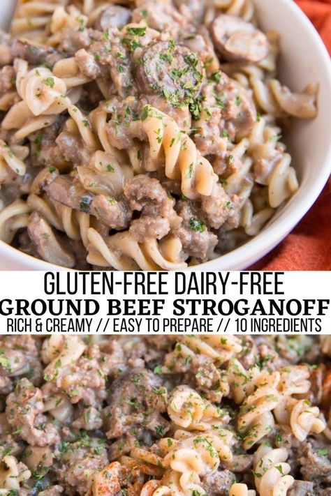 Gluten-Free Dairy-Free Ground Beef Stroganoff - Easy Ground Beef Stroganoff made dairy-free and gluten-free. This simple recipe comes together in just over 30 minutes, flavorful and filling #dairyfree #glutenfree #30minutemeals #pasta #comfortfood #groundbeef Dinner Ideas Gluten Dairy Free, Dairy Free Beef Dinner Recipes, Gf Df Recipes Clean Eating, Dairy Free Egg Noodles Dishes, Easy Gf Df Meals, Dairy Gluten Nut Free Recipes, Simple Dairy Free Lunch Ideas, Ground Beef Stroganoff Dairy Free, Lactose Free Beef Stroganoff