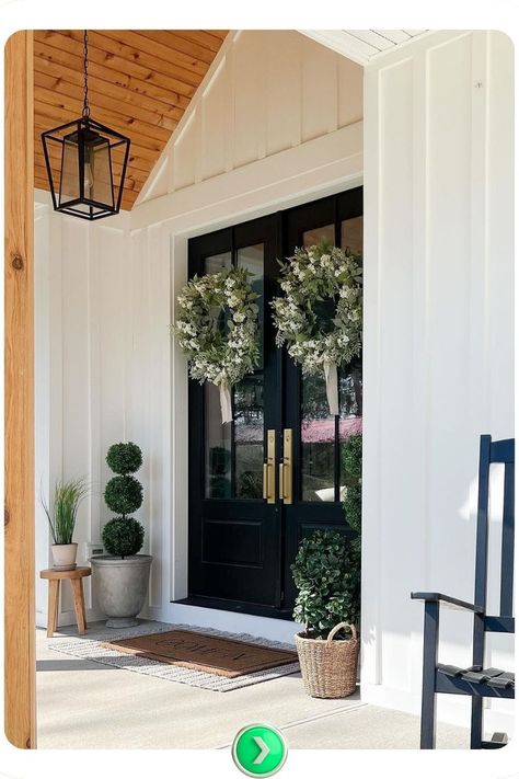 Double wreaths on black door create symmetry, perfect for a grand yet simple entrance. Great for those who love balanced, stylish small front porch decor. Black Double Front Door, Small Front Porch Decor, Front Porch Decor Ideas, Brick Pathway, Pumpkin Planter, Small Front Porch, Fairy Lights Bedroom, Double Front Doors, Grey Doors