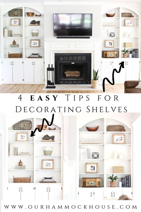 Tips on how to decorate and style built in shelves in your living room around the fireplace using neutral decor | www.ourhammockhouse.com | #builtinshelves #livingroom #fireplace #neutraldecor Style Built In Shelves, Decorating Built In Shelves, Styling Built In Shelves, Built In Shelves Living Room, Shelf Decor Living Room, Living Room Built Ins, Decorating Bookshelves, Bookshelves In Living Room, Fireplace Built Ins