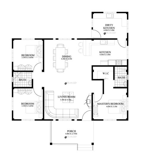 Small House Design: SHD-2015010 | Pinoy ePlans - Modern house designs, small house design and more! 3 Bedroom Bungalow Floor Plans, Single Story House Floor Plans, Single Storey House Plans, Porch House, Modern Bungalow House Design, 3 Bedroom Bungalow, Three Bedroom House Plan, One Storey House, Bungalow Floor Plans