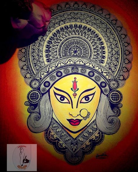 Durga Doodle Art, Ma Durga Mandala Art, Durga Mandala Art, Durga Face, Maa Tara, Chakra Design, Drawing And Painting Ideas, 3d Relief Art, Durga Ma