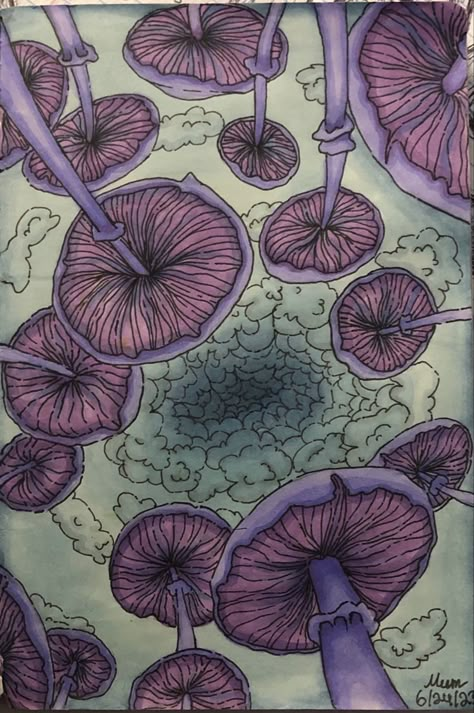 Purple Mushroom Painting, Purple Mushroom Drawing, Purple Mushroom Art, Mushroom Abstract Art, Earthy Art Aesthetic, Champignon Aesthetic, Purple Aesthetic Drawings, Purple Drawing Aesthetic, Purple Things To Draw