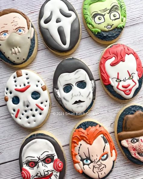 Disney Halloween Cookies Decorated, Horror Movie Sugar Cookies, Horror Themed Cookies, Halloween Horror Cookies, Horror Movie Cookies Decorated, Michael Myers Cookies, Scary Halloween Cookies Decorated, Ghost Face Cookies, Friday The 13th Cookies