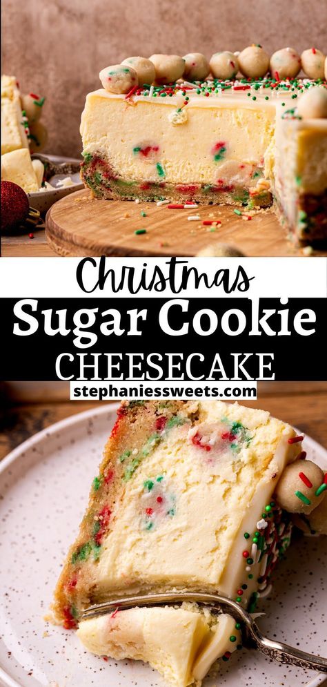 Holiday Dessert Christmas, Mini Sugar Cookie Cheesecake Cups, Sugar Cookie Dough Cheesecake, Cookie Bottom Cheesecake, Thanksgiving Recipes Dessert Cheesecake, Holiday Baked Goods Recipes, Christmas Cute Desserts, Sugar Cookie Cheesecake Cups, Thanksgiving Cheesecake Ideas