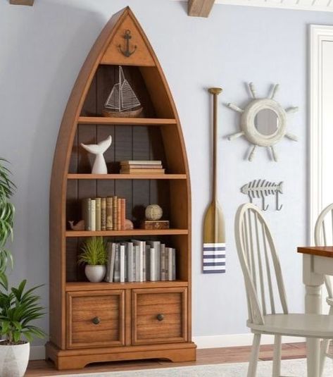 A boat shelf for the nautical beach cottage.... featured on completely-coastal.com #cottagestyle #shelves Nautical Shelves, Boat Bookcase, Boat Shelf, Coastal Flooring, Coastal Bedrooms, Beach Cottage Decor, Beach Cottage Style, Coastal Furniture, Nautical Home