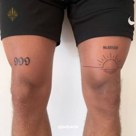 Tattoo Ideas For Men Calf Shin Tattoo, Upper Calf Tattoo, Men’s Quad Tattoos, Quadriceps Tattoo, Front Thigh Tattoos Men, Mens Quad Tattoo, Small Calf Tattoo Men, Men Leg Tattoo Ideas Design, Upper Knee Tattoo Men