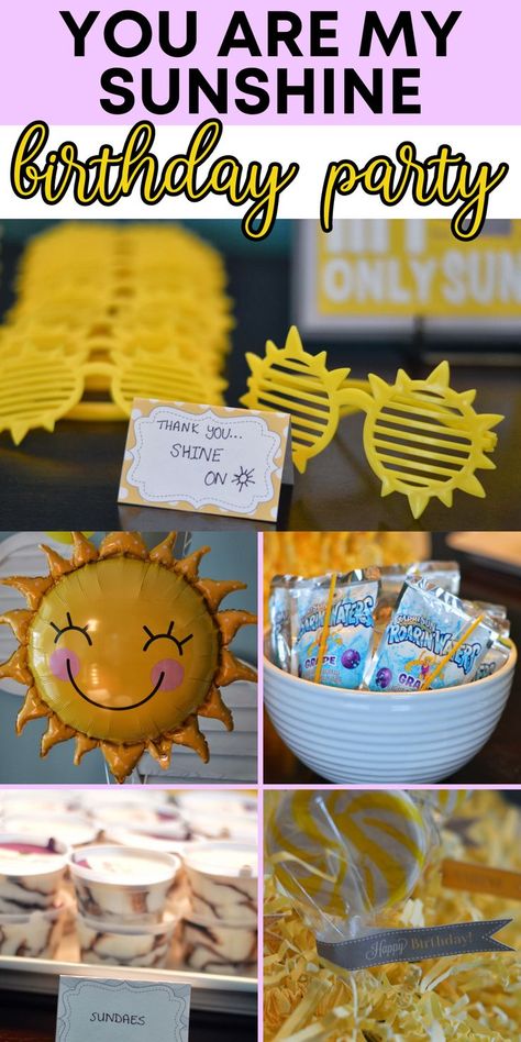 Sunshine Theme Party Decoration, Youre My Sunshine Party 1st Birthdays, Rainbow Sunshine Birthday Party, Yellow 3rd Birthday Party, Sunshine Birthday Theme Food, You Are My Sunshine Food Ideas, Four Cast Is Bright And Sunny Party, Sunny Themed Birthday Party, Sunshine Birthday Food Ideas