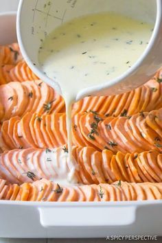 How To Make The Best Garlic Butter Scalloped Sweet Potatoes Recipe #ASpicyPerspective #Thanksgiving Layered Sweet Potato, Scalloped Sweet Potato Casserole, Sliced Sweet Potato Recipes, Scalloped Sweet Potato Recipes, Sweet Potato Recipes Thanksgiving, Best Garlic Butter, Sweet Potato Sauce, Scalloped Sweet Potatoes, Resep Vegan