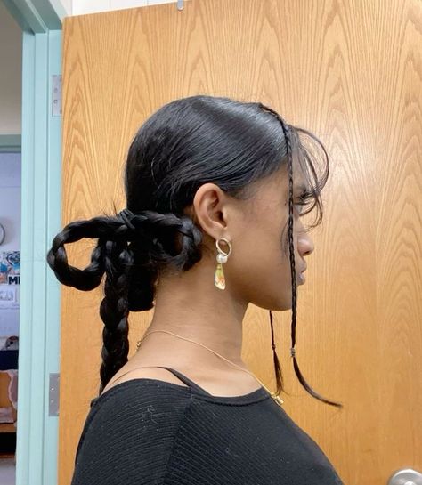 Long Bow Hairstyle, Unique Slick Back Hairstyles, Two Braids With Bows, Braided Hairstyles 2024, Big Bow Hairstyle, Braid Bun Hairstyles, Bow Braids, Hairstyles Bows, Bow Braid