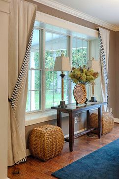 Dark table, woven baskets. Could add African calabash, woven basket, woman candle holder. Fireplace With 2 Windows On Each Side, Large Living Room Windows, Picture Window Curtains, Large Window Treatments, Bay Window Curtains, Rose Street, Window Treatments Living Room, Bow Window, Big Windows