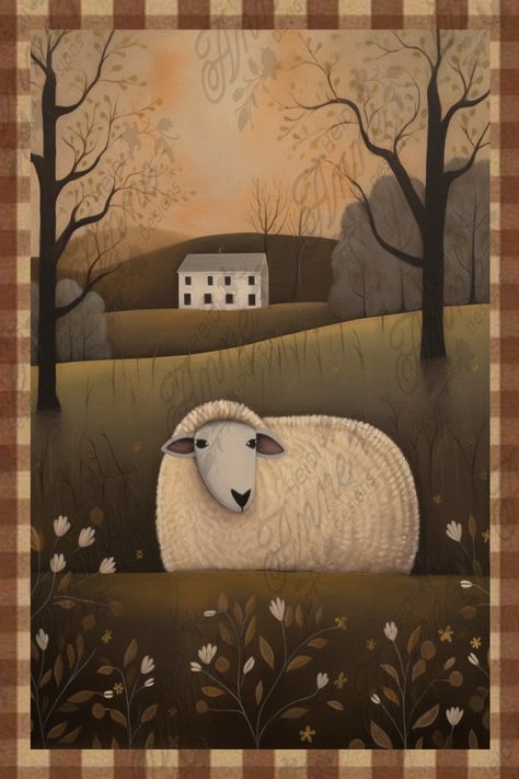 Primitive Sheep Painting, Primitive Art Painting, Primitive Folk Art Painting, Folk Art Painting Country, Folk Art Sheep, Sheep Printable, Painting Items, Folk Art Illustration, Halloween Antiques