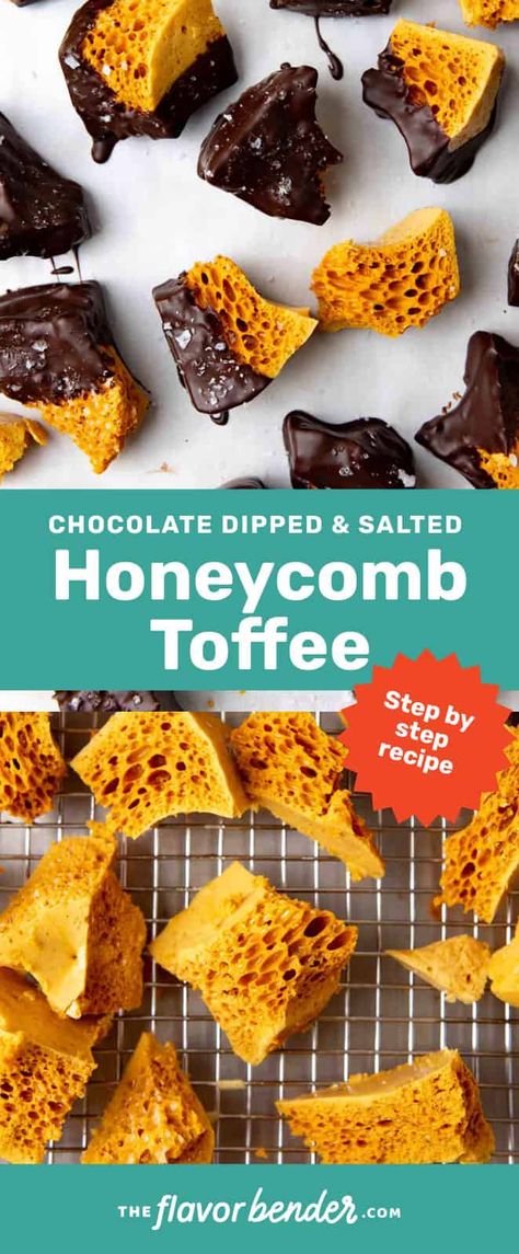 Honeycomb Toffee, Sponge Toffee, Honeycomb Recipe, Honeycomb Candy, Salted Toffee, Easy Candy Recipes, Toffee Recipe, Chocolate Coating, Sweets Treats