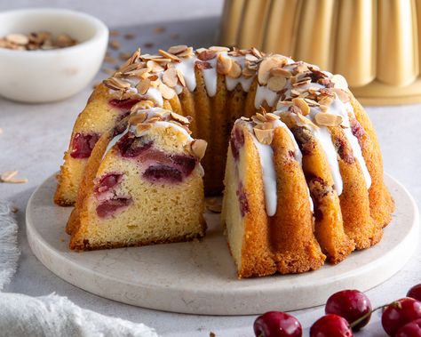 Cherry-Almond Bundt Cake - Bake from Scratch Cherry Almond Bundt Cake, Tea Cake Recipes, Bundt Cake Ideas, Almond Bundt Cake, Breakfast Dessert Ideas, Fresh Desserts, Tube Pan, Bakery Sweets, European Dishes