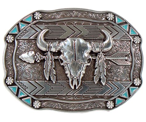 This belt buckle takes inspiration from the Lakota people, known for their buffalo hunting practices. It features an oval shape with small turquoise triangles and berry shapes along the border. In antique silver, it showcases a buffalo skull, feathers, and an arrow in the center. Measuring approximately 3 tall by 4 wide, it can fit belts up to 1 1/2 wide. You can find it in our retail shop in Smyrna, TN, near Nashville, or on our online store. Feather Arrow, Belt Clips, Western Sculpture, Smith And Western, Western Rings, Western Bracelets, Buffalo Skull, Xmas Wishlist, Cowgirl Accessories