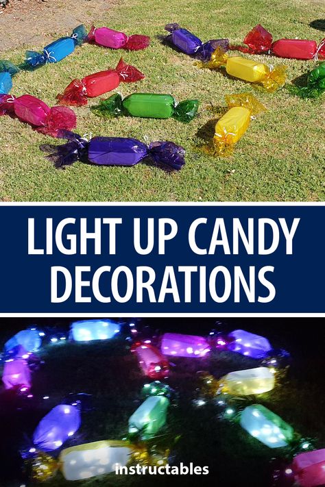 Diy Candy Yard Decorations, Candy Lights Christmas, Diy Yard Gumdrops, Candyland Outside Christmas Decorations, Extreme Christmas Decorations Outdoor, Cheap Christmas Decor Outdoor, Christmas Candy Float Ideas, Candyland Christmas Yard Decorations, Candy Land Christmas Lights