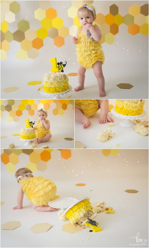 1st birthday cake smash session bee themed Bumble Bee Photoshoot, Bee Photoshoot, Bee 1st Birthday, Bee Birthday Theme, Bee Themed Birthday, Bee Birthday Cake, Bee Themed Birthday Party, 1st Bee Day, First Bee Day