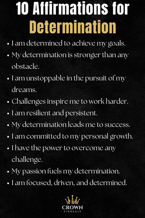 10 Affirmations for Determination Ignite your drive with these affirmations for determination. Build resilience, stay persistent, and move boldly toward achieving your goals. Affirmation For Discipline, Discipline Affirmations, Divine Feminine Affirmations, Feminine Affirmations, 10 Affirmations, Goals Affirmations, Positive Affirmations For Success, Attract Success, Affirmations For Success