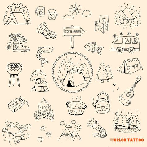 calling all happy campers 🏕️ and anyone that likes trees, mountains, or cute mushroom tattoos 🙃 camping flash now available woooo. I absolutely love going away in our campervan so I just had to do a camping themed flash now we are able to start going again 😅 all available for handpoke. as always I do deals when you book multiple designs in a session! use the link on my page for my booking form or just message me to enquire! can’t wait to tattoo these 🏔️ 🌲 ⛺️🍄🐟🪵🐾🌞🌳 @harmlesstattoo Braintre... Cute Camping Tattoos, Camping Flash Tattoo, Happy Camper Tattoo, Merry Mushroom Tattoo, Tattoo Ideas Camping, Tiny Camping Tattoo, Matching Camping Tattoo, Nature Lover Tattoo Ideas, Camping Tattoo Ideas Simple