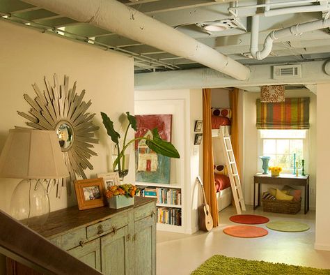 Here are ten basement bedroom ideas that'll have you begging to sleep in them. If you're decorating a basement room, start here. #[ Unfinished Basement Playroom, Unfinished Basement Laundry, Basement Transformation, Unfinished Basement Bedroom, Unfinished Basement Ceiling, Basement Lighting, Basement Office, Basement Laundry Room, Basement Inspiration