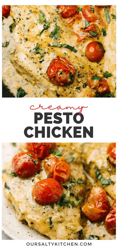 Garlic Pesto Sauce, Sauce With Cherry Tomatoes, Tomato Pesto Chicken, Pesto Chicken Recipe, Pesto Cream Sauce, Pesto Chicken Breast, Chicken With Tomatoes, Creamy Pesto Chicken, Basil Pesto Chicken