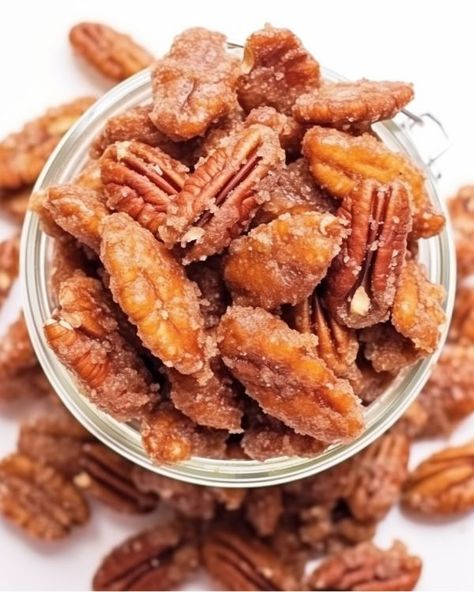 I gave these out as gifts last year and they were a total hit Walnut Candy Recipes Holidays, Candy Coated Pecans, Easy Pecan Recipes, Coated Nuts Recipe, Almond Recipes Snacks, Seasoned Pecans, Best Candied Pecans, Candy Pecans, Coated Pecans