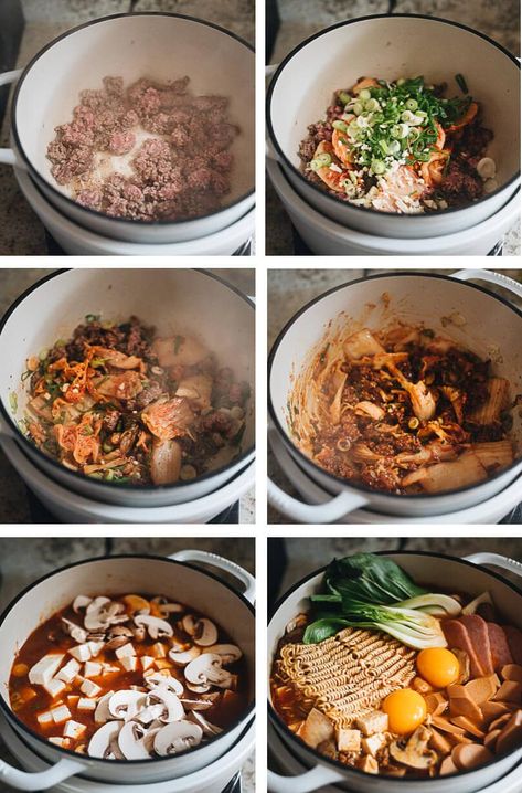 Korean Army Stew (Budae Jjigae) - Rich spicy broth made with aromatics, ground meat, and noodles, topped with sausage, veggies and runny egg yolks. An easy one-pot meal that requires very little prep and is fast to make. Budae Jjigae Recipe, Korean Army Stew, Jjigae Recipe, Budae Jjigae, Cave Town, Spicy Broth, Korean Army, Deep Fried Tofu, South Korean Food