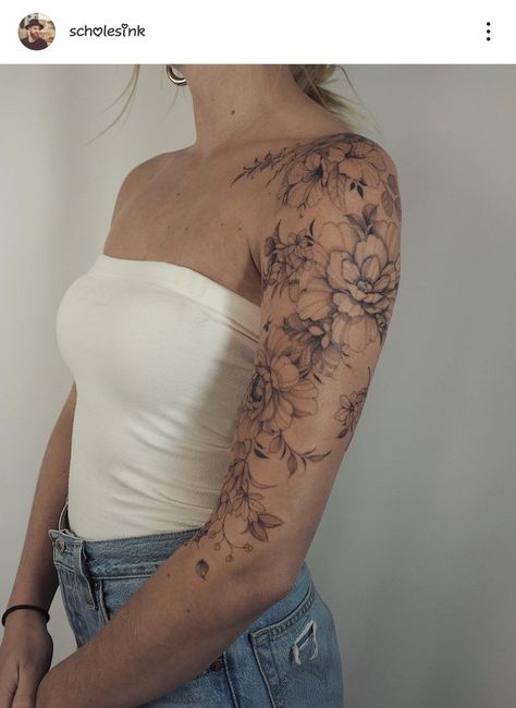 Shoulder Sleeve Tattoos, Floral Tattoo Shoulder, Feminine Tattoo Sleeves, Light Tattoo, Shape Tattoo, Tattoos For Women Flowers, Upper Arm Tattoos, Cat Tattoos, Floral Tattoo Sleeve