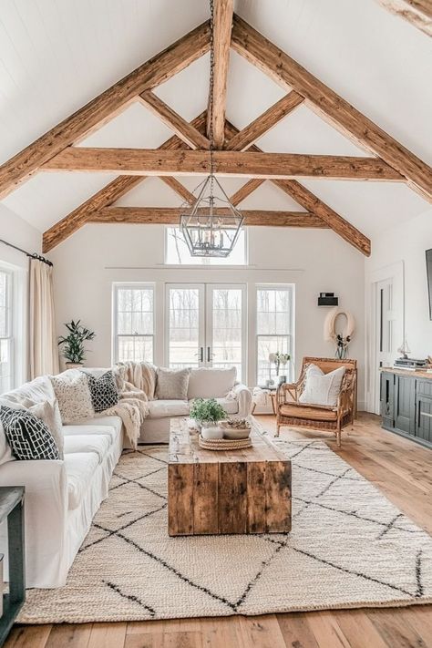 Enhance your home’s character with exposed wooden ceiling beams. Whether you’re going for a farmhouse look or a modern rustic vibe, wooden beams add depth and style. 🏠✨🌲 #WoodenBeams #CeilingDesign #HomeDecor #RusticCharm Ceiling Beams Living Room, Modern Cottage Homes, Farmhouse Lifestyle, Farmhouse Cozy, Exposed Beams Ceiling, Beams Living Room, Beam Ceiling, Cozy Textiles, Wooden Beams Ceiling