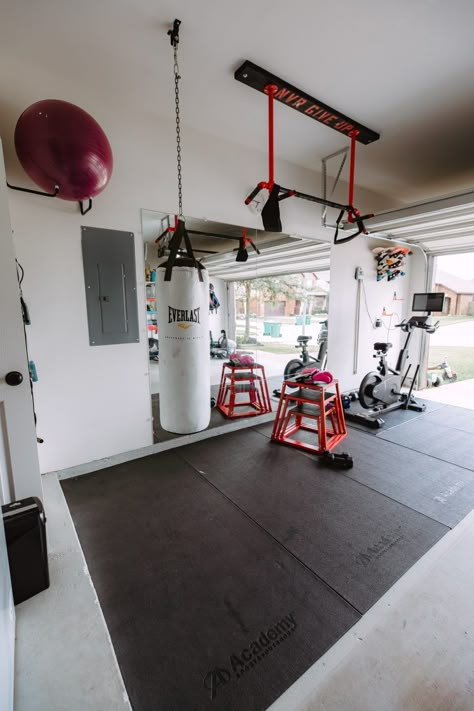 Half Garage Gym On a Budget - Uptown with Elly Brown Half Garage Gym, Garage Home Gym, Houston Lifestyle, Small Home Gyms, Home Gym Basement, Garage Gym Ideas, Gym Space, Home Gym Flooring, Home Gym Garage