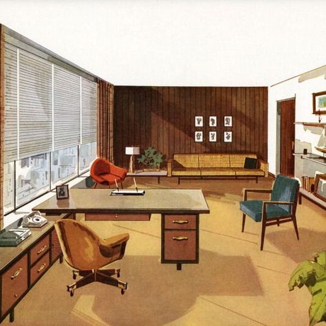 1950s Business Office Mid Century Office, Mid Century Modern Office, 70s Interior, Mid Century Interior, Retro Office, Contemporary Office, Retro Interior, Vintage Office, Design Del Prodotto