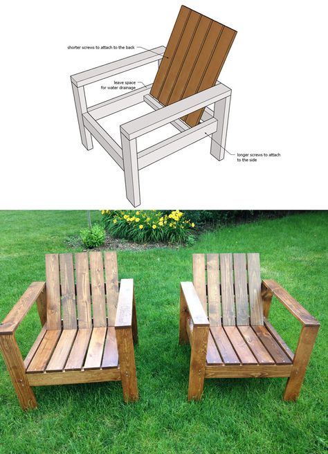 Two Board Chair, Simple Modern Furniture, Diy Patio Chair, Diy Outdoor Chair, Yard Chairs, Modern Outdoor Chairs, Chairs Diy, Woodworking Furniture Plans, Wooden Chairs