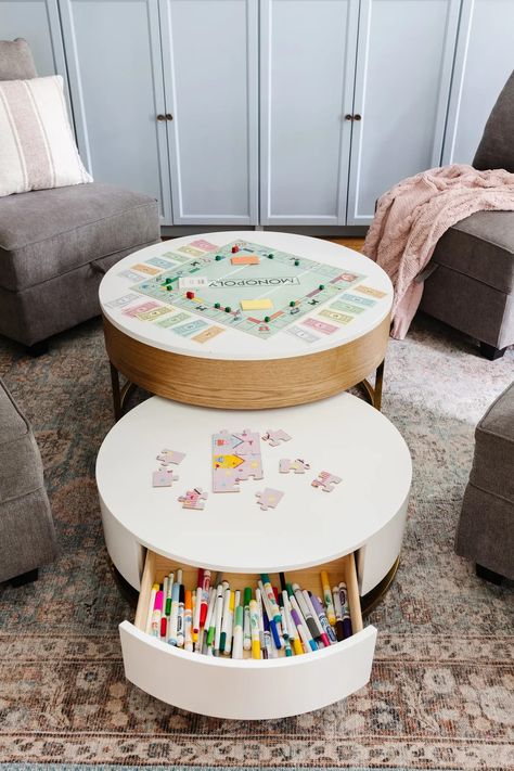 Kids Playroom Storage Furniture, White Toy Storage, Hidden Playroom In Living Room, Toy Storage In Playroom, Playroom Hidden Storage Ideas, Small Playroom Ideas With Tv, Small Playroom Seating Ideas, Fun Family Room Decor, Creative Toy Storage Living Rooms