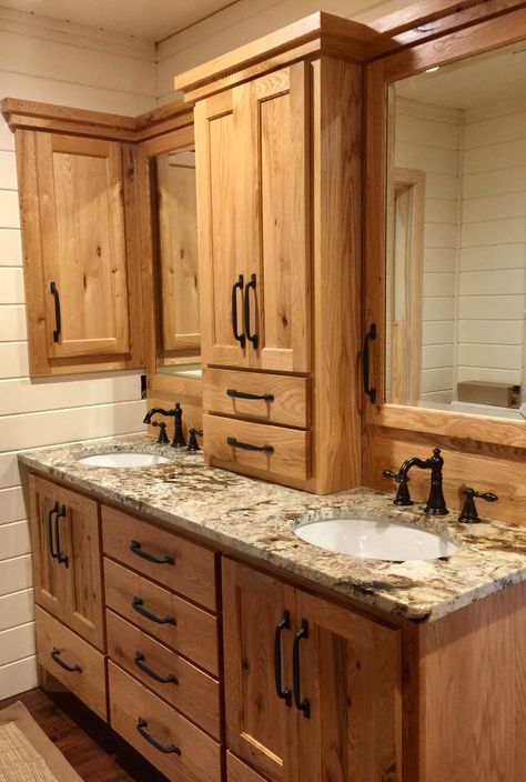 Bathroom Vanity Ideas One Sink Rustic, Double Sink Bathroom Vanity Rustic, Rustic Bathroom Cabinets Diy, Vanity Ideas Bathroom Vanities, Bathroom Remodel With Oak Cabinets, Hickory Bathroom Ideas, Log Cabin Bathroom Remodel, Custom Powder Room Vanity, Rustic Craftsman Bathroom