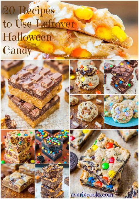 20 Recipes to Use Leftover Halloween Candy - Put it to better use than just eating it right out of the bag! Fun, easy recipes using a wide variety of candy at averiecooks.com Halloween Candy Recipes, Leftover Candy, Leftover Halloween Candy, Averie Cooks, Candy Desserts, Candy Bars, Colorful Candy, Halloween Recipes, Holiday Cooking