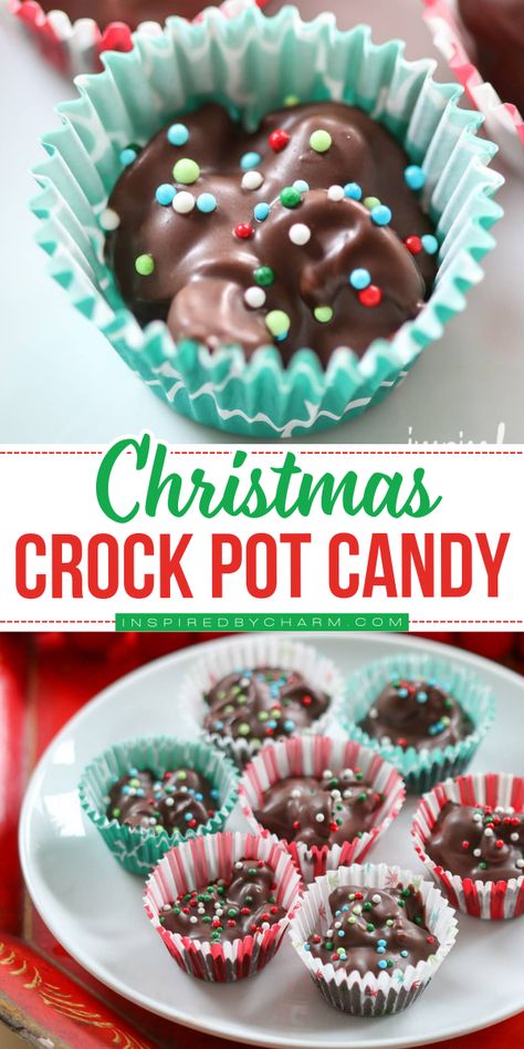 Check out this fun sweet treat to make at home! This quick and easy crockpot recipe is the BEST crockpot candy recipe you'll ever have. Don't miss out on this Christmas dessert idea! Crock Pot Candy Peanut Clusters, Chocolate Covered Peanut Clusters, Christmas Crockpot Candy, Crockpot Christmas Candy, Crock Pot Candy, Christmas Crockpot Recipes, Christmas Crock, Crockpot Candy Recipes, Crockpot Christmas