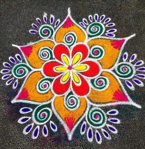 Easy Colourful Rangoli Designs, Easy Colour Rangoli Designs, Simple Designs Rangoli, Easy Simple Rangoli For Beginners, Everyday Rangoli Designs, Gyaras Rangoli, Simple Colour Rangoli Designs, Rangoli Designs Flower Simple, Free Hand Rangoli Designs With Colours