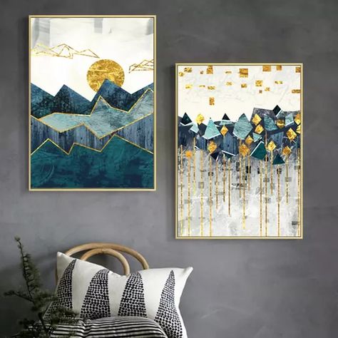 Mountain Canvas Painting, Yellow Lounge, Large Scale Wall Art, Nordic Boho, Garden Wall Designs, Wall Design Ideas, Area Room Rugs, Gold Leaf Art, Oversized Art