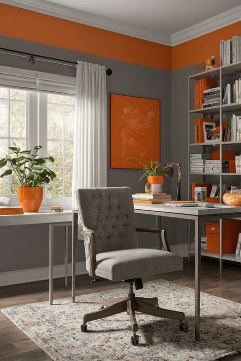 home decor interior design,interior bedroom design,designers kitchen,kitchen designs Orange Home Office Ideas, Orange Office Ideas, Orange Office Decor, Orange Home Office, Painting An Accent Wall, Home Office Interior Design Ideas, Orange Office, Office At Work, Home Office Interior Design