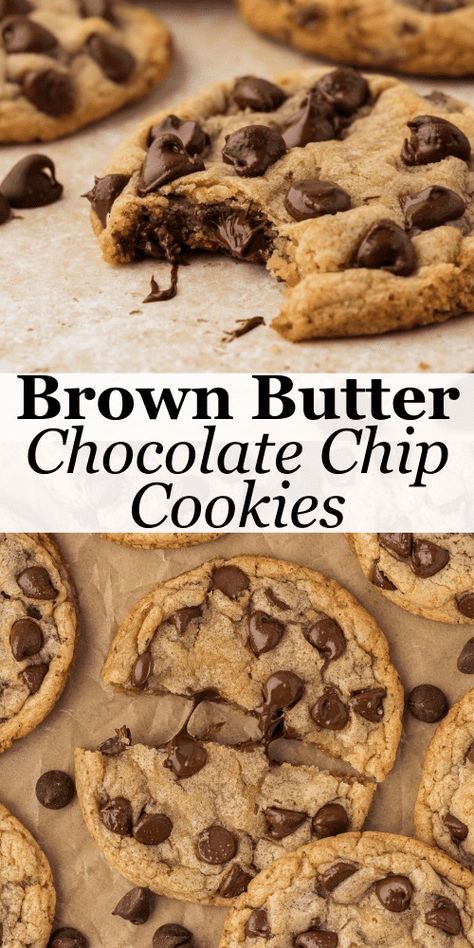 These brown butter chocolate chip cookies are life-changers! The combination of browned butter and brown sugar creates crisp edges and perfectly soft centers of ooey, gooey goodness. Follow my 7 foolproof steps to make brown butter cookies that will become your family's absolute favorite. Brown Butter Dark Chocolate Chip Cookies, Brown Butter Choc Chip Cookies, Browned Butter Toffee Chocolate Chip Cookies, Cookie Recipes Brown Butter, Easy Brown Butter Chocolate Chip Cookies, Brown Butter Chocolate Chunk Cookies, Brown Butter Cookies Chocolate Chip, Browned Butter Cookies, Chocolate Chip Cookies Brown Butter