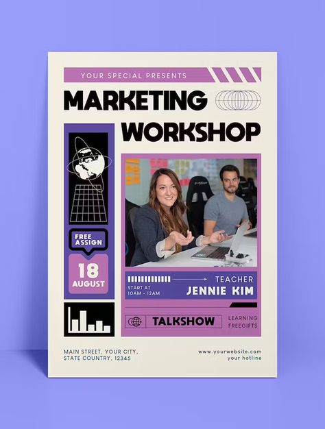 Marketing Workshop Flyer Template AI, EPS, PSD Workshop Template Design, Flyers Template Design, Workshop Poster Design Layout, Workshop Graphic Design, Informative Flyer Design, Workshop Poster Design Ideas, Workshop Design Poster, Graphic Design Flyer Marketing, College Flyer Design