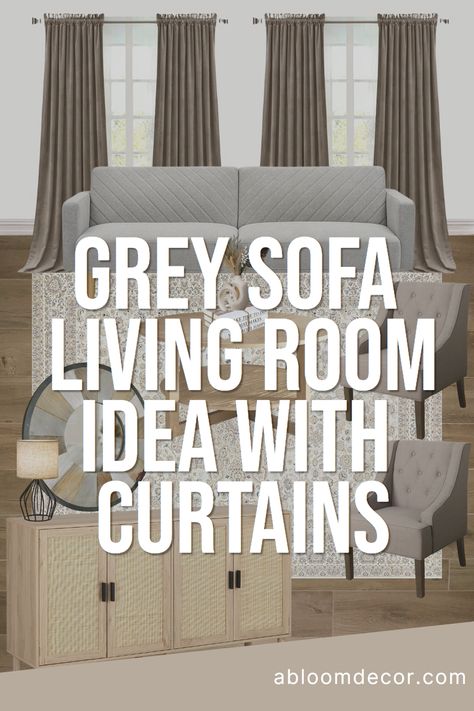 If you're looking for grey sofa living room ideas with curtains, I've got you covered with my warm living room design with earthy tones. I included a grey sofa, taupe armchairs, a natural wood-colored coffee table and cabinet, brown curtains, and a beautiful beige area rug in this mood board. These cozy living room decor ideas come together to create a warm and inviting living space. Shop the look or use it for living room inspiration for your home! Gray Beige And Black Living Room, Curtains To Go With Grey Sofa, Beige Curtains Grey Sofa, Living Room Colors Grey Couch, Curtain With Grey Sofa, Curtains To Go With Grey Couch, Grey Sofa Living Room Curtain Ideas, Grey Sofa Curtain Ideas, Grey Couch Curtain Ideas