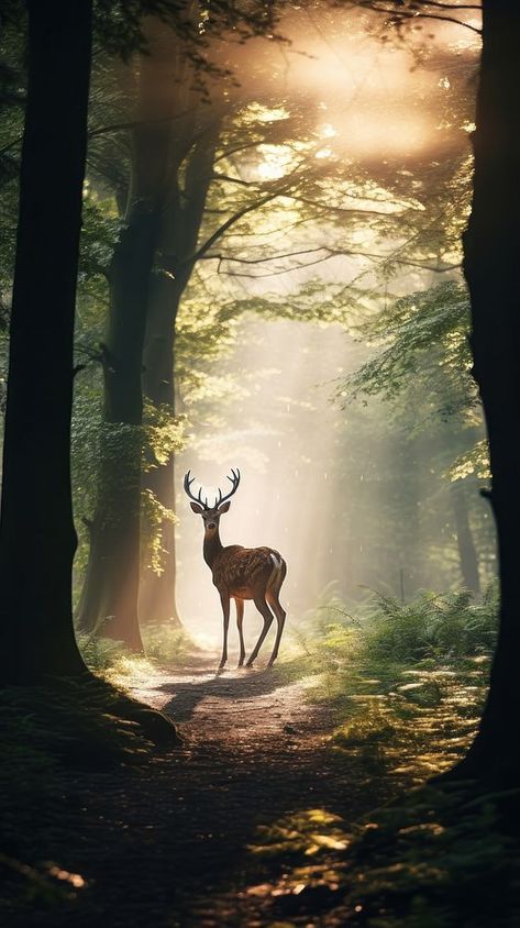 Forest And Wildlife Images, Animals In A Forest, Woodland Forest Wallpaper, Pictures Of Trees Photography, Forest Lighting Reference, Autumn Forest Art, Forest Animals Aesthetic, Forest Animal Drawings, Christmas Deer Wallpaper